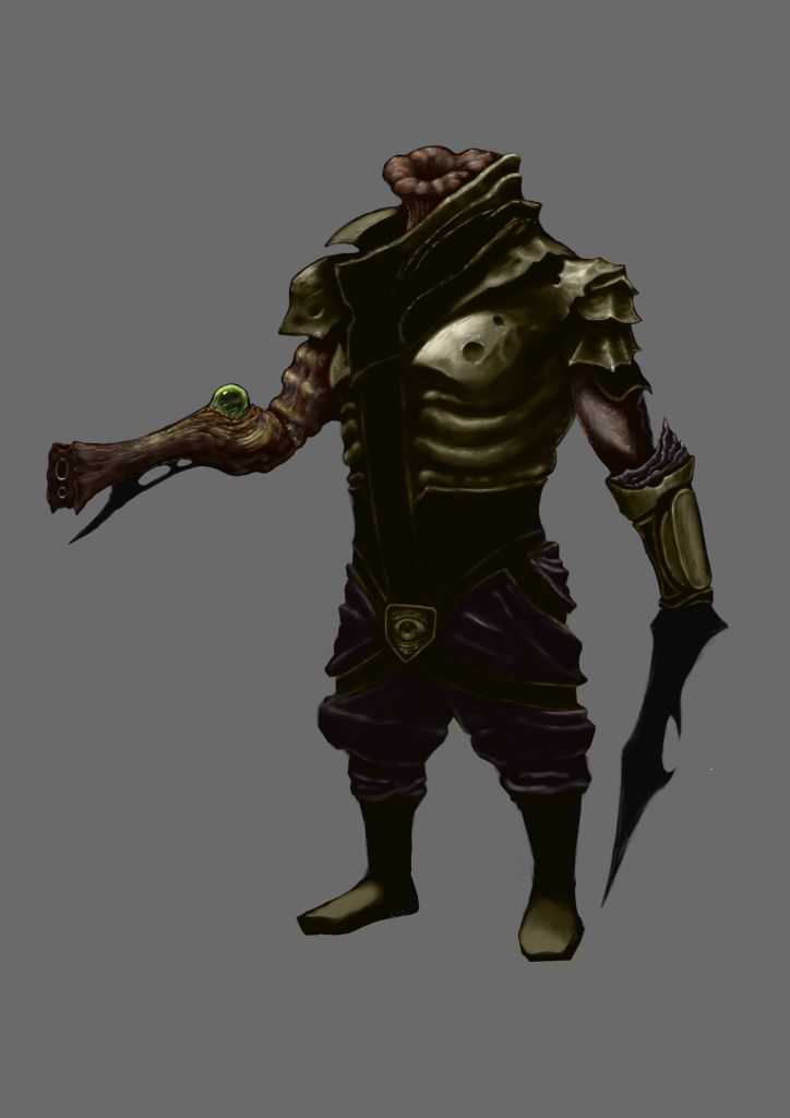 Final render of the character, with organic bronze armor, a flesh gun, and a mushroom head.