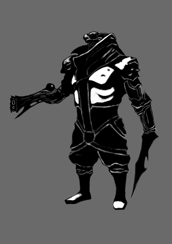 Refined silhouette with white shapes and rough lines blocked in